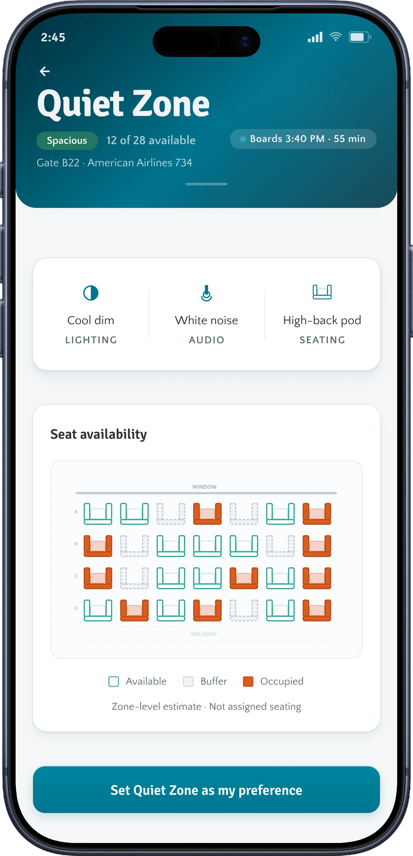 Quiet Zone detail with ambient features, a seat availability map, and a set-as-preference button